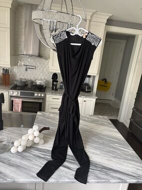 Michael Kors Black Embellished-Shoulder Jumpsuit with Tie Waist XXS POCKETS